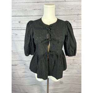Steve Madden Paula Eyelet Tie Front Top Women XS Black Peplum Puff Sleeve NWT